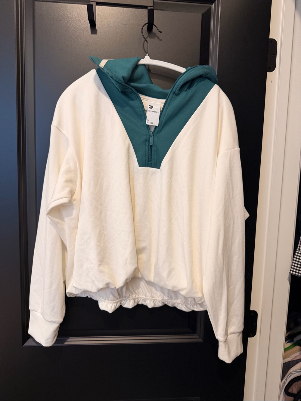 all in motion Cream Pullover with Teal Cowl Hood